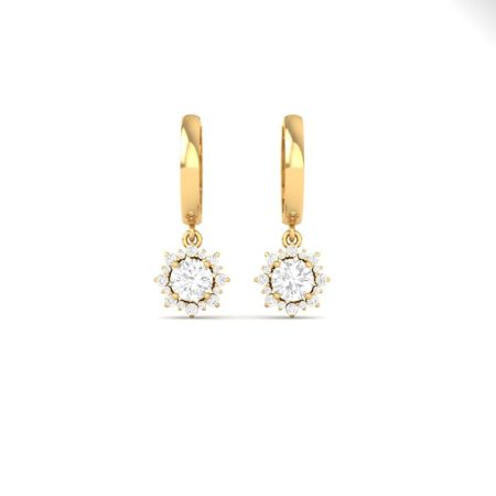 Moissanite Flower Drop Earrings, Round Cut Halo Earrings for Women, Gold Plated Dainty Earrings, Handmade Bridal Jewelry Gift