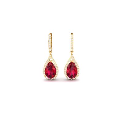Ruby and Moissanite Drop Earrings, 18KT Gold Over Sterling Silver, Teardrop Halo Dangle Earrings for Women, Bridal & Party Jewelry