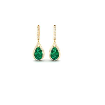 Emerald and Moissanite Drop Earrings, 18KT Gold Over Sterling Silver, Teardrop Halo Dangle Earrings, Classic Bridal Jewelry for Women