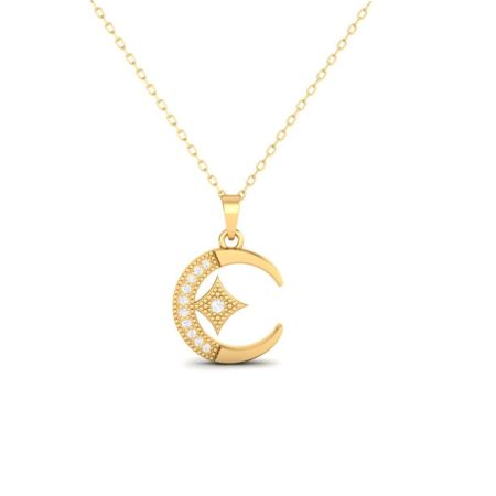 Crescent Moon Pendant Necklace with Star, Moissanite Celestial Charm, 14K Gold Handmade Jewelry, Gift for Her