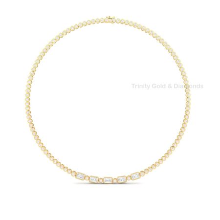 Emerald Cut & Round Diamond Tennis Necklace for Women | 18K Yellow Gold Over Sterling Silver | Bezel Set Statement Necklace