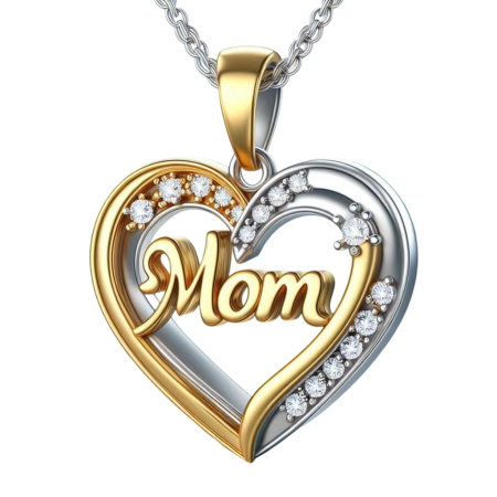 Two-Tone Mom Pendant Necklace, Moissanite Heart Charm, 18k Gold & Silver Over, Mother’s Day Gift, Handmade Jewelry for Mom, Gift for Her