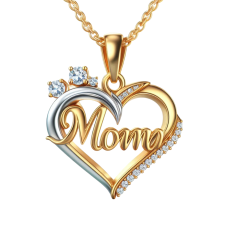 Moissanite Mom Necklace, 3-Stone Heart Pendant Gift for Mom, 18k Yellow Gold Over Jewelry, Dual-Tone Handmade Mother’s Day Charm