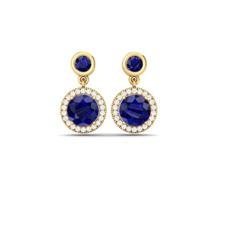 Blue Sapphire Drop Earrings, Round Halo Dangle Earrings, Handmade Gold Gift Jewelry for Her