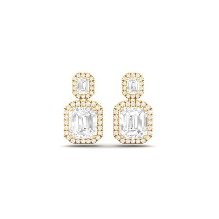 Double Halo Emerald Cut Moissanite Diamond Drop Earrings 18K Gold Over Sterling Silver