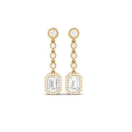 Emerald Cut Moissanite Drop Earrings, 18KT Gold Over Sterling Silver, Halo Dangle Bridal Earrings, Long Statement Jewelry for Women