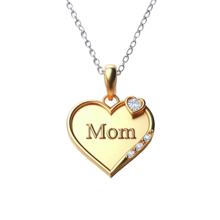 Mom Heart Pendant Necklace, Moissanite Accents, Handmade Mother's Day Gift Jewelry, Heart Charm for Her, 18k Yellow Gold Plated