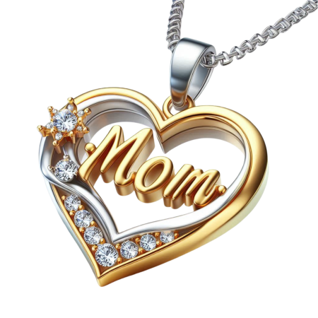 Mom Heart Pendant Necklace, Moissanite Flower Accent, Mother’s Day Gift, Handmade 18K Gold Over Sterling Silver, Gift for Mom from Daughter