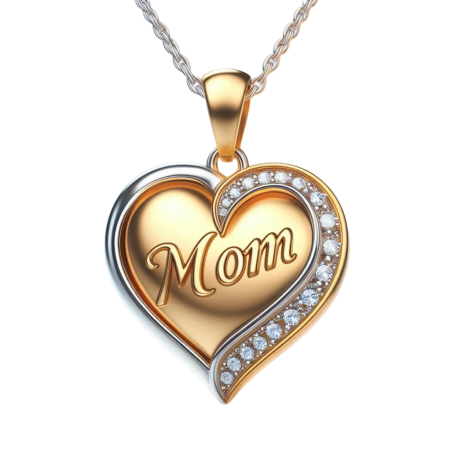 Moissanite Heart Mom Pendant Necklace, Two-Tone Gold & Silver Jewelry Gift for Mom, Handmade Mother’s Day Heart Charm, 18k Gold Over