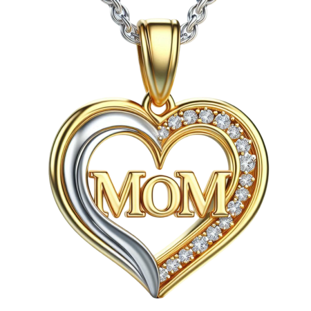 Moissanite MOM Pendant Necklace, 18K Gold Over Heart Charm, Mother's Day Jewelry Gift, Handmade MOM Necklace, Dual Tone Moissanite Heart