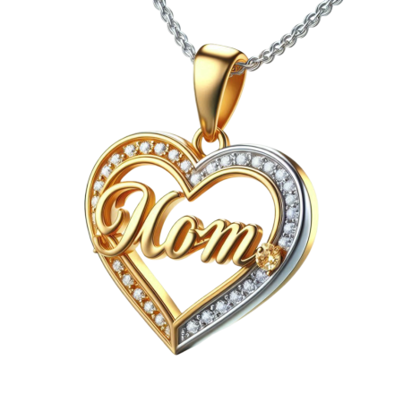 Moissanite Heart MOM Pendant Necklace, Dual Tone Mother’s Day Jewelry, Handmade 18K Gold Over Silver Gift for Mom, Sparkling MOM Charm
