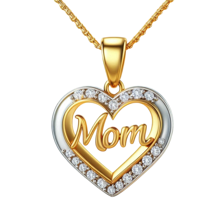 Moissanite Heart MOM Pendant Necklace, 18K Gold Over Sterling Silver, Two Tone Handmade Jewelry, Mother’s Day Gift from Daughter