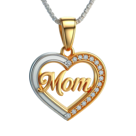 Two-Tone Moissanite Mom Pendant Necklace, 18K Gold Over Silver, Heart Jewelry Gift for Mom, Handmade Mother's Day Necklace, Love Mom Gift