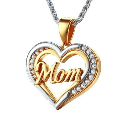 Mom Heart Pendant Necklace, Moissanite Gift for Mom, Two Tone Gold Silver Heart Jewelry, 925 Sterling Silver, Handmade Mother’s Day Gift