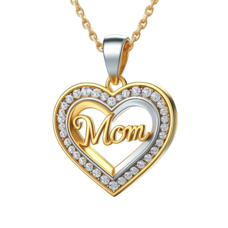 Mom Pendant Necklace with Double Heart Halo, Moissanite Charm Jewelry Gift, 18k Gold Over 925 Silver, Mother’s Day Gift Handmade