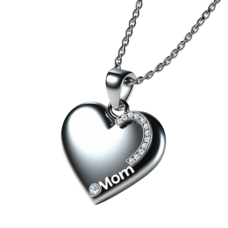 Silver Mom Heart Pendant with Crystal Accents, Minimalist Handmade Jewelry Gift for Her, Mother’s Day Necklace, Polished Heart Charm