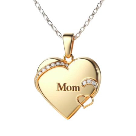Mom Heart Pendant Necklace with Crystal Accent, Double Heart Handmade Jewelry Gift, Mother’s Day Present for Her