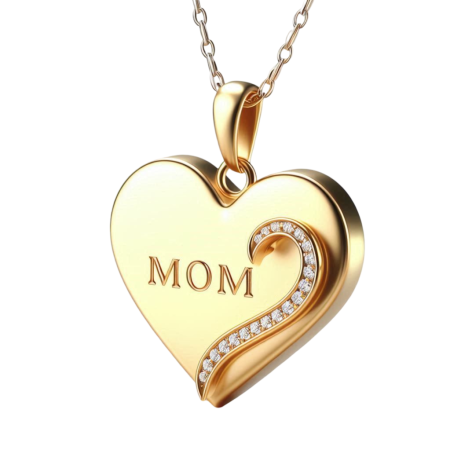 MOM Heart Pendant Necklace with Crystal Curve, Handmade Gift for Mother, Minimalist Elegant Jewelry for Her