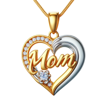 MOM Heart Necklace with Flower Accent, Two-Tone Gold & Silver Pendant, Sparkling Gift for Mother, Handmade Jewelry for Her