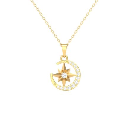 Moon and Star Pendant Necklace, Moissanite Celestial Jewelry, 14K Gold Handmade Lunar Charm Necklace, Gift for Her