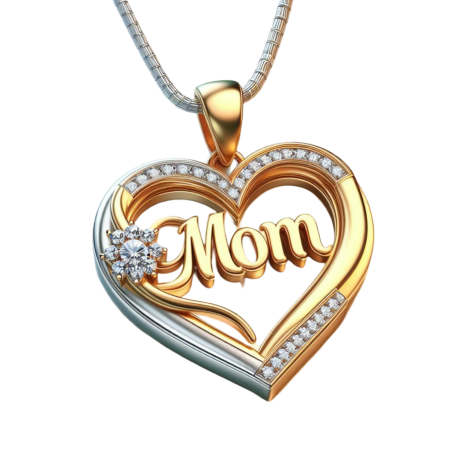 Moissanite Heart Mom Pendant Necklace, 18k Yellow Gold Over Silver, Handmade Gift for Mother, Sparkling Diamond Look Jewelry, Gift for Her